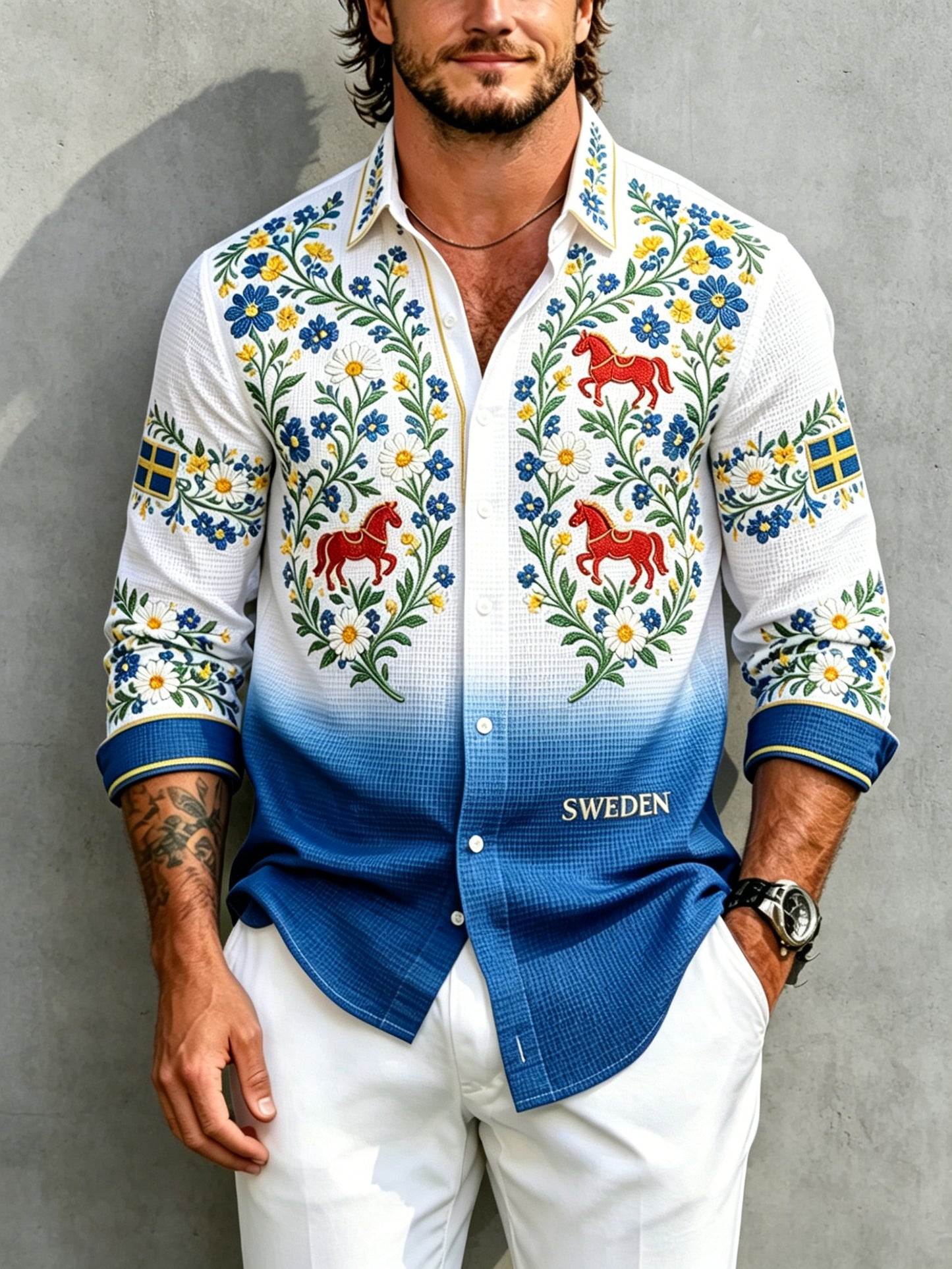 Men's Midsummer Floral Print Waffle-Textured Long-Sleeve Shirt