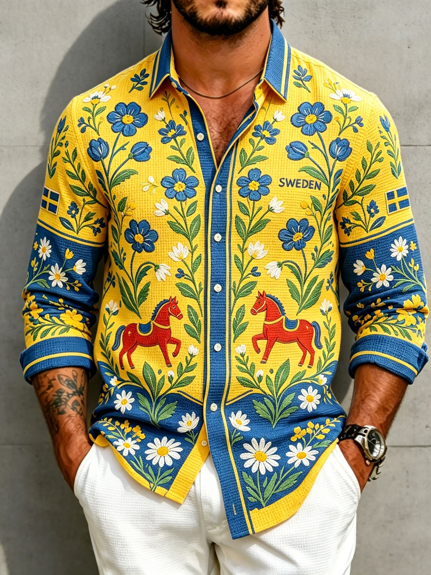 Men's Midsummer Floral Print Waffle-Textured Long-Sleeve Shirt