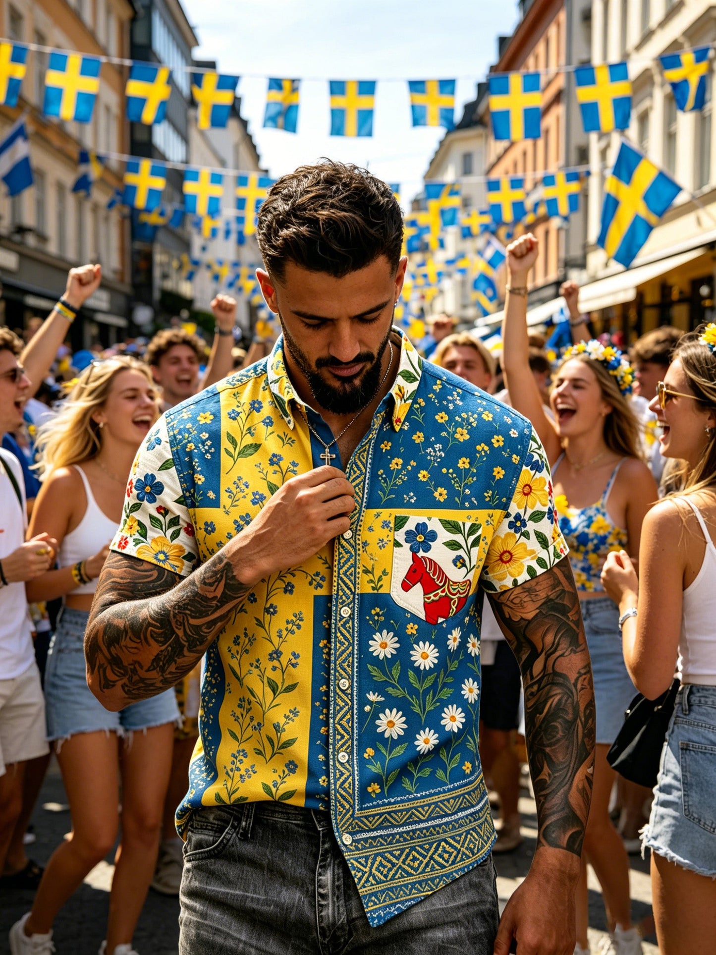 Men's Swedish Midsummer Festival Commemorative Art Print Short-Sleeve Shirt