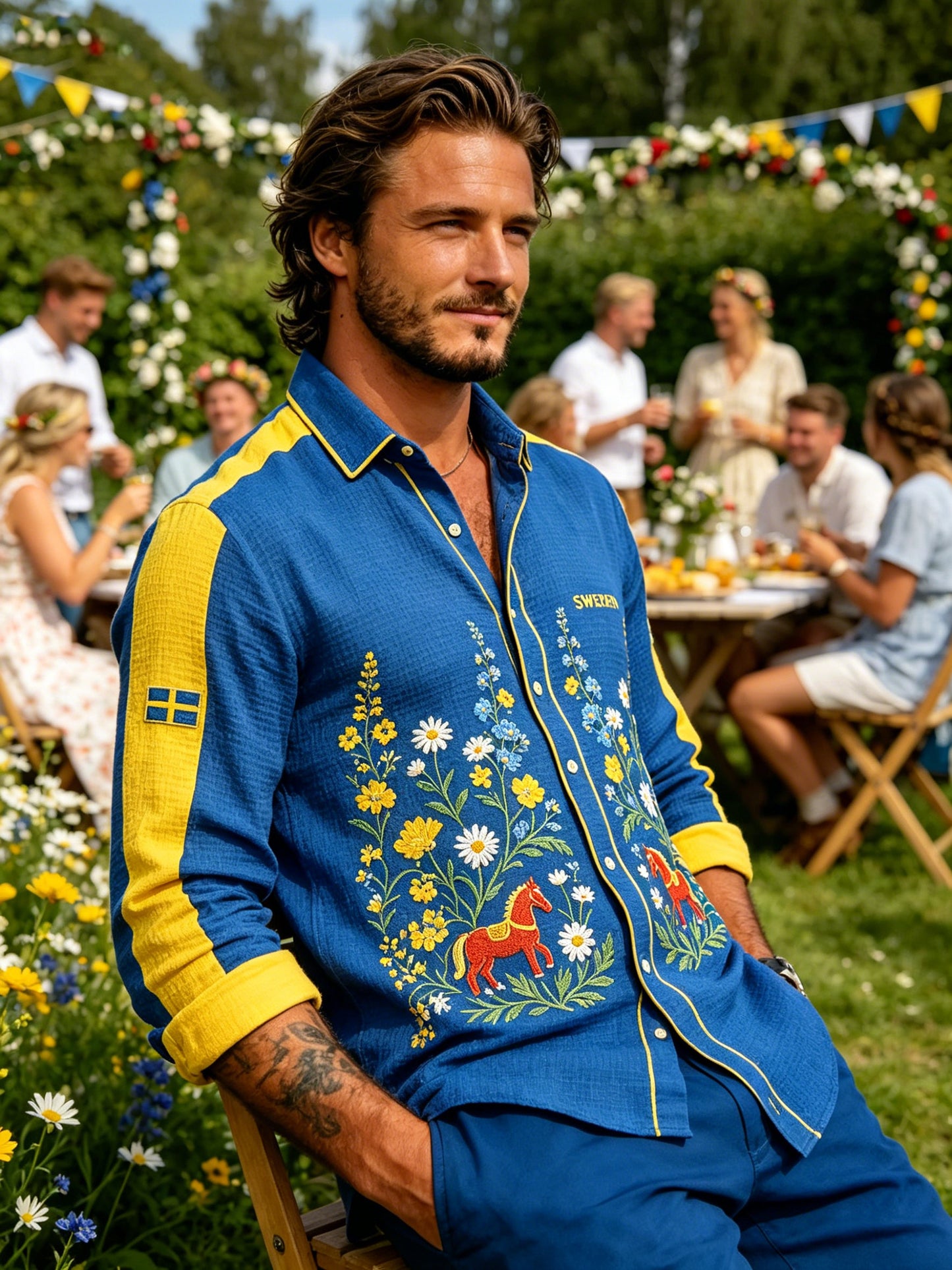 Men's Midsummer Floral Print Waffle-Textured Long-Sleeve Shirt