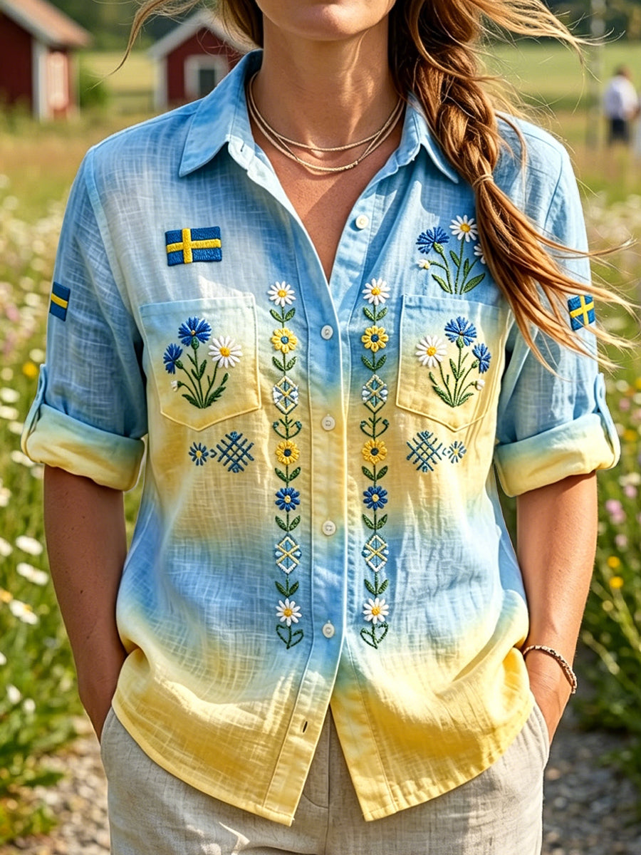 Women's Retro Swedish Midsummer Floral Tie-Dye Casual Shirt