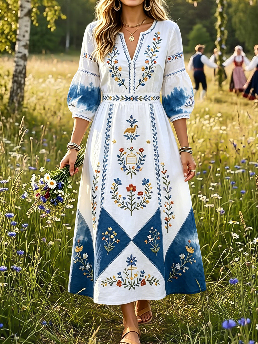 Women's Retro Midsummer Floral Tie-Dye Patchwork Art V-Neck Dress