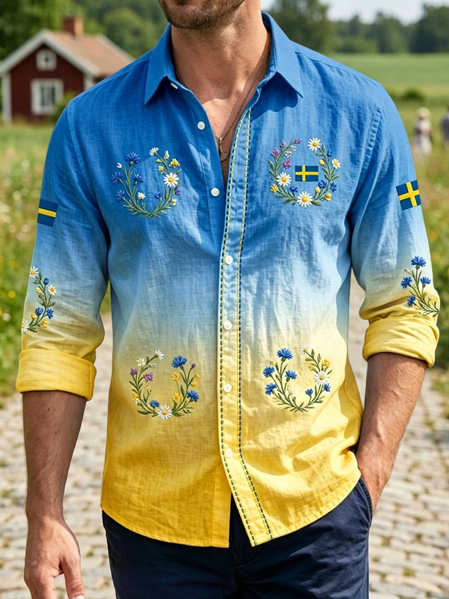 Men's Vintage Swedish Midsummer Wreath Gradient Casual Shirt
