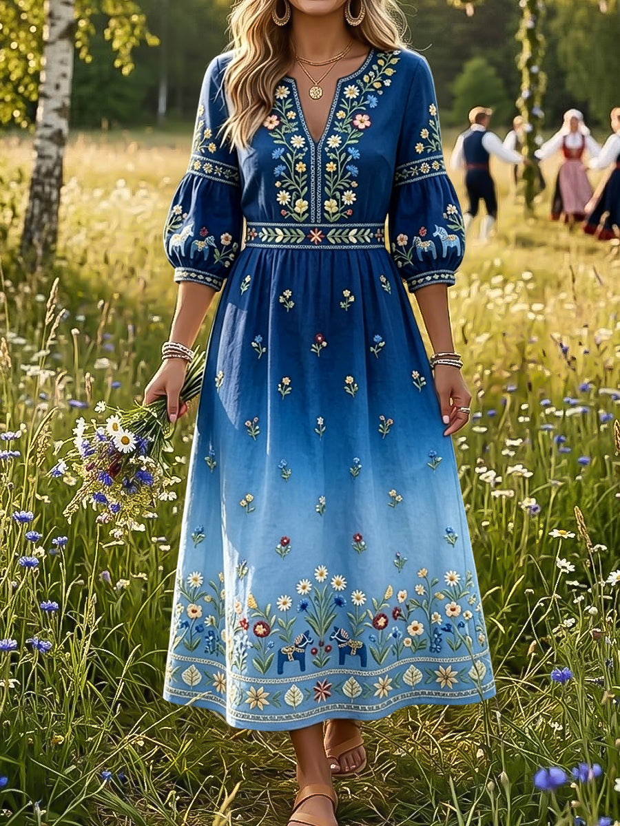 Women's Retro Swedish Midsummer Floral Gradient Art V-Neck Dress