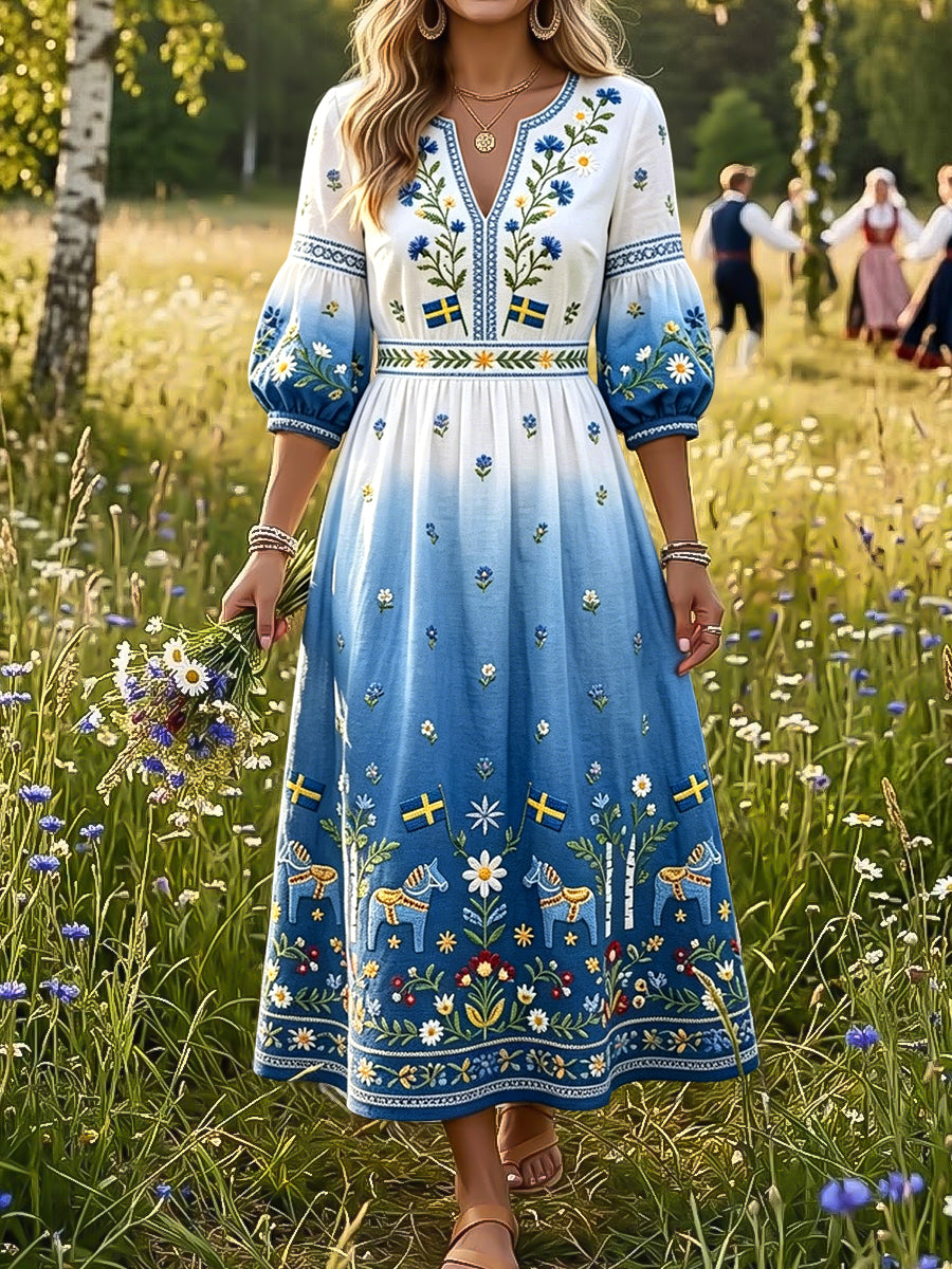 Women's Retro Midsummer Floral Carousel Gradient Art V-Neck Dress
