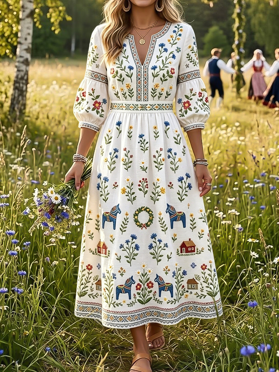 Women's Vintage Swedish Midsummer Floral Print V-Neck Dress
