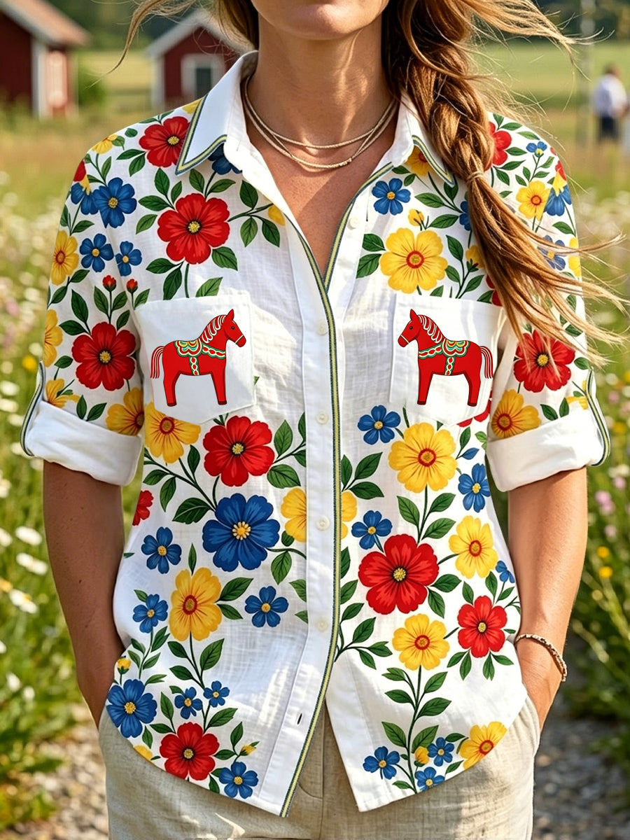 Women's Retro Swedish Midsummer Floral Carousel Casual Shirt