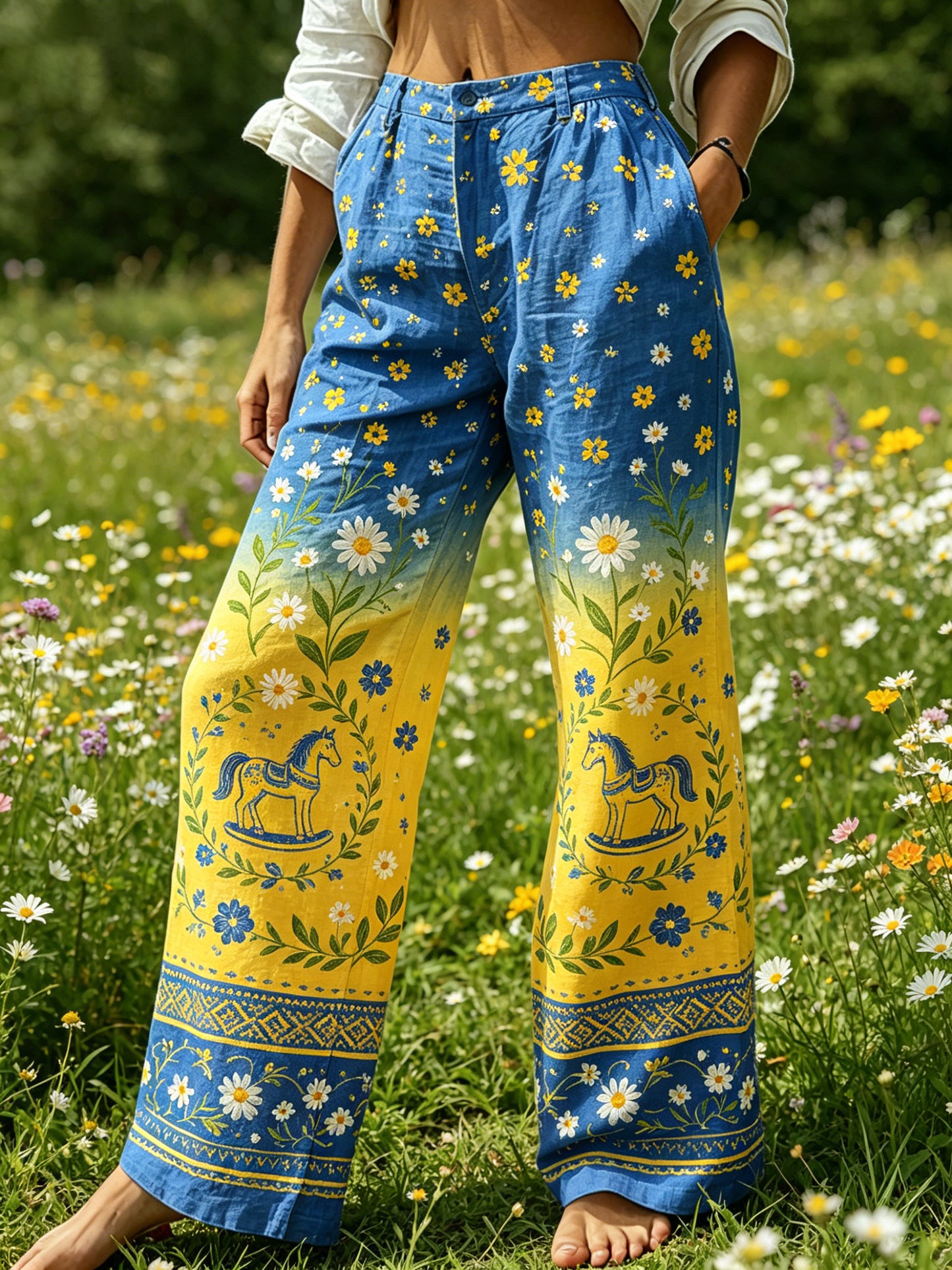 Women's Midsummer Festival Floral Gradient Color Cotton Linen Casual Trousers