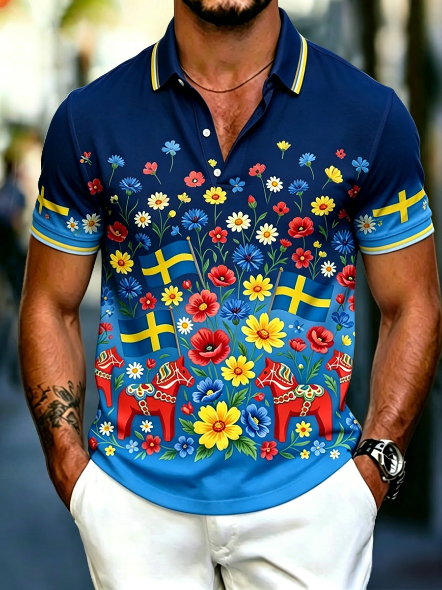 Men's Retro Swedish Midsummer Floral Carousel Casual Polo Shirt