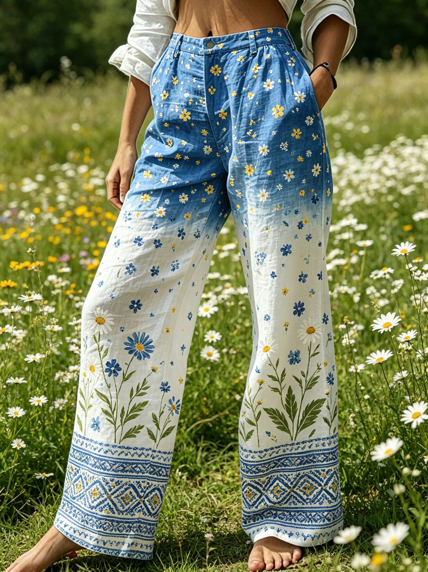 Women's Midsummer Festival Floral Gradient Color Cotton Linen Casual Trousers