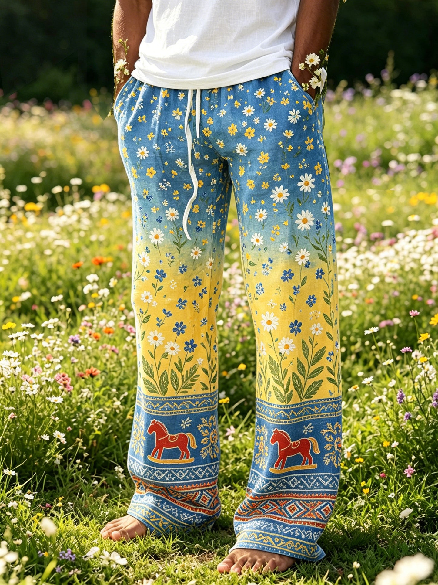 Men's Midsummer Festival Floral Gradient Color Cotton Linen Casual Trousers