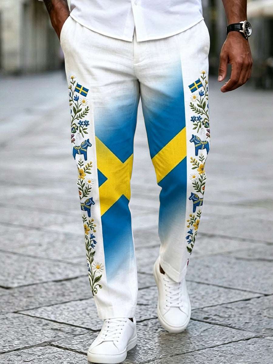 Men's Retro Swedish Midsummer Patchwork Cotton-Linen Casual Pants