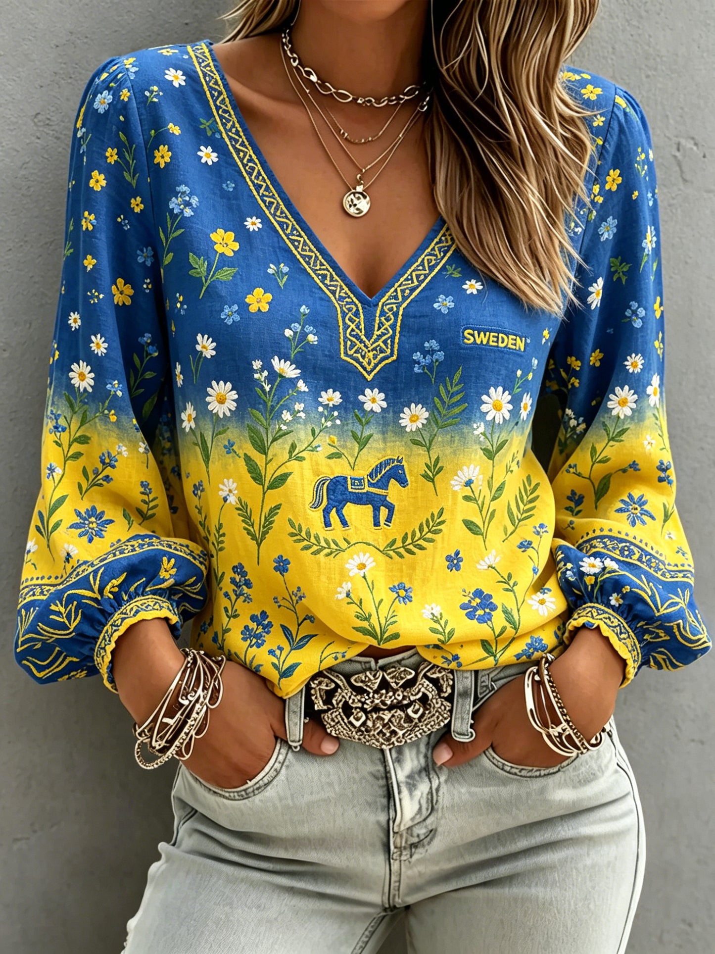 Women's Midsummer Festival Floral Gradient Color Cotton Linen Casual Top
