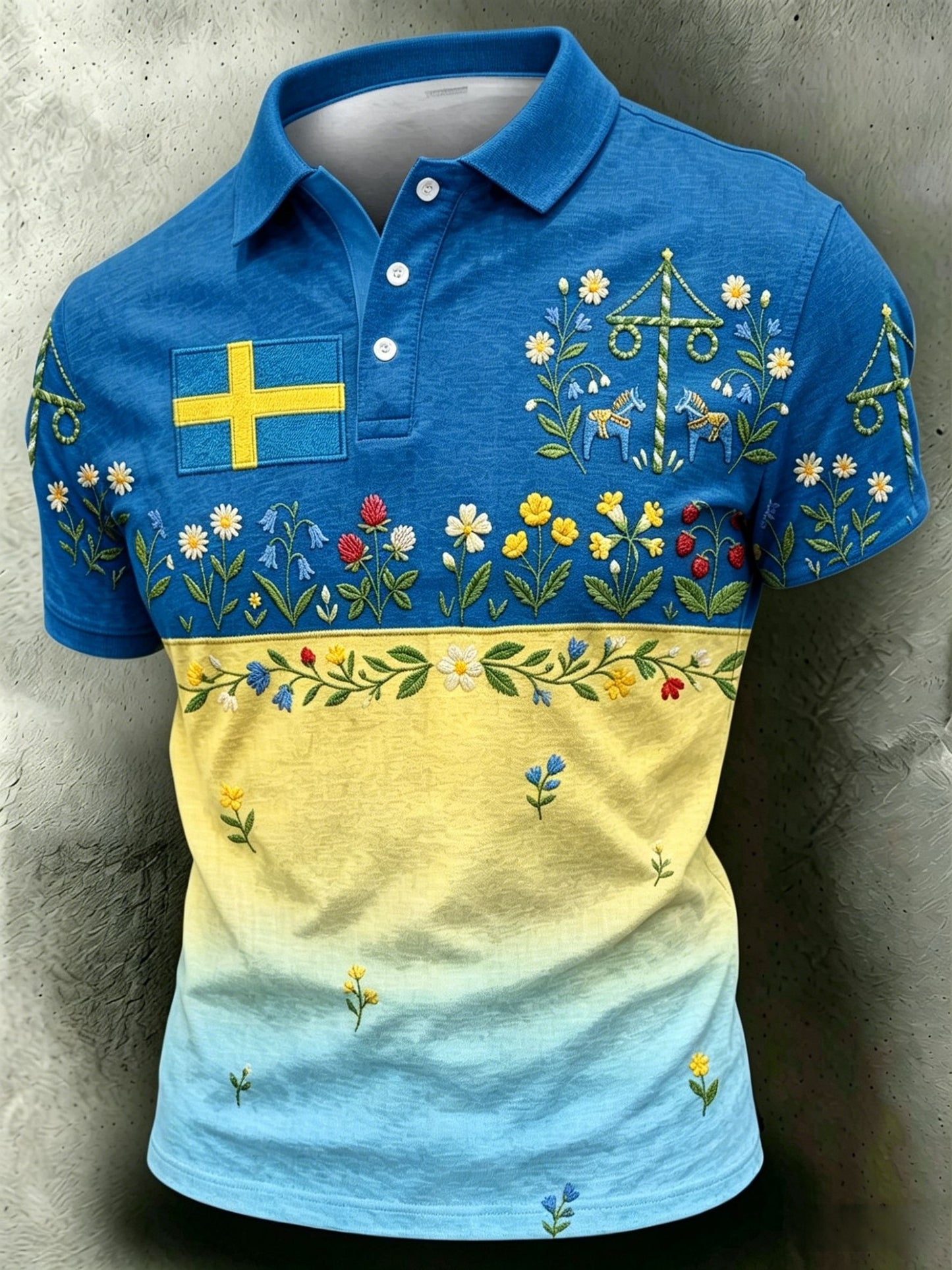 Men's Retro Swedish Midsummer Folk Floral Cotton-Linen Short-Sleeve Polo Shirt