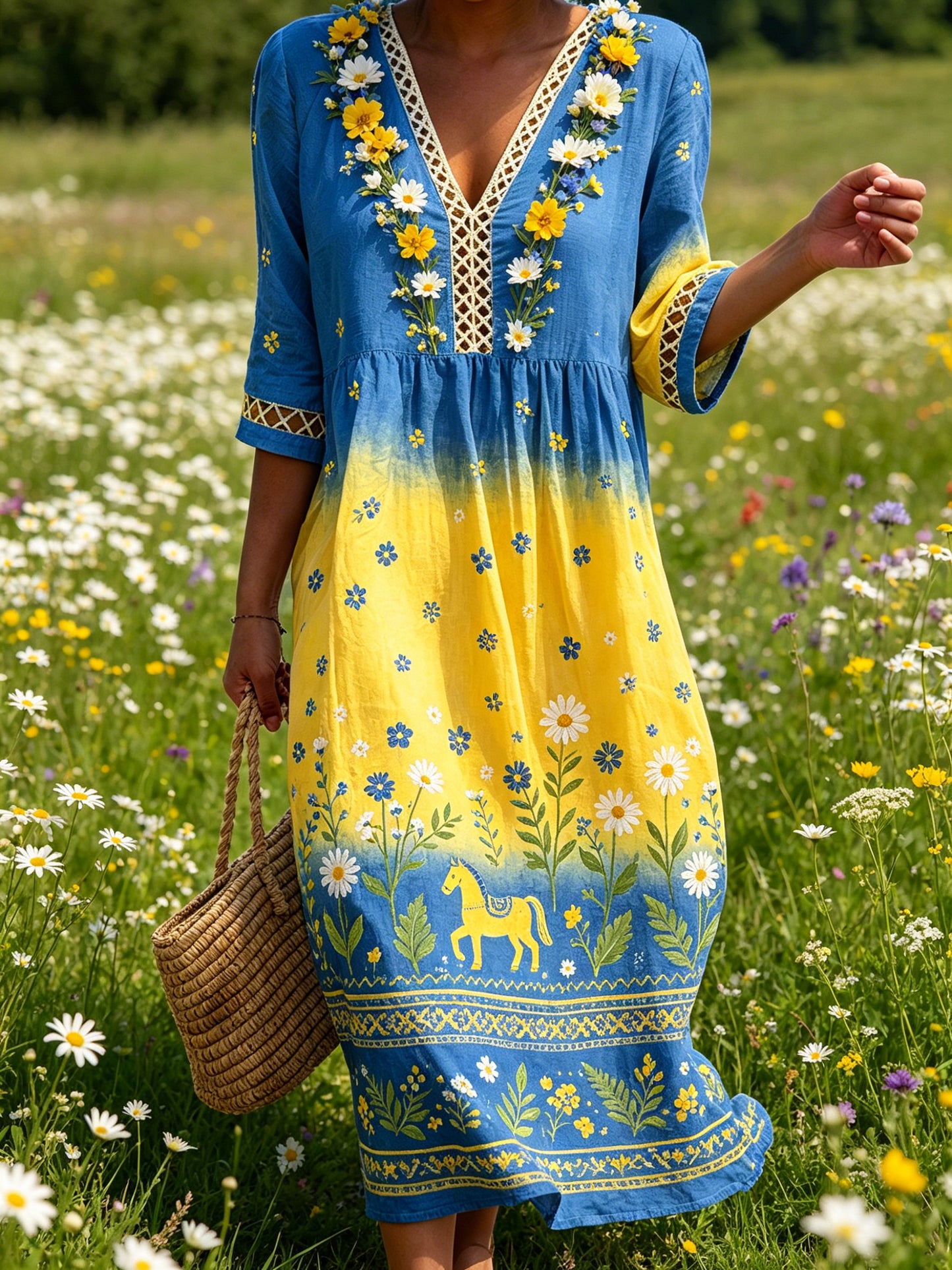 Women's Midsummer Festival Floral Gradient Color Cotton Linen Casual Dress