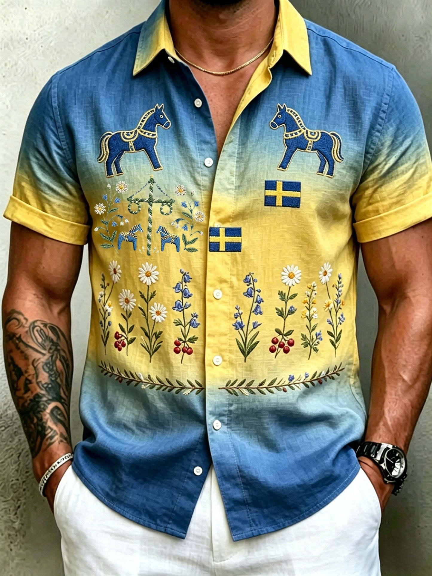 Men's Retro Swedish Midsummer Folk Floral Cotton-Linen Short-Sleeve Shirts