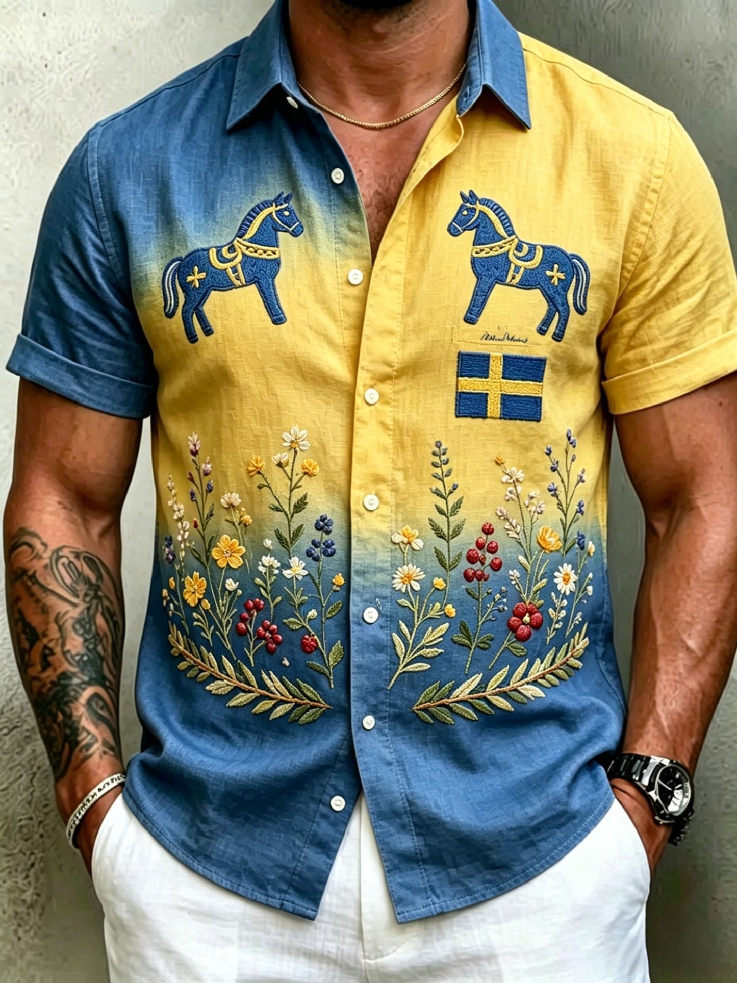 Men's Retro Swedish Midsummer Folk Floral Cotton-Linen Short-Sleeve Shirts