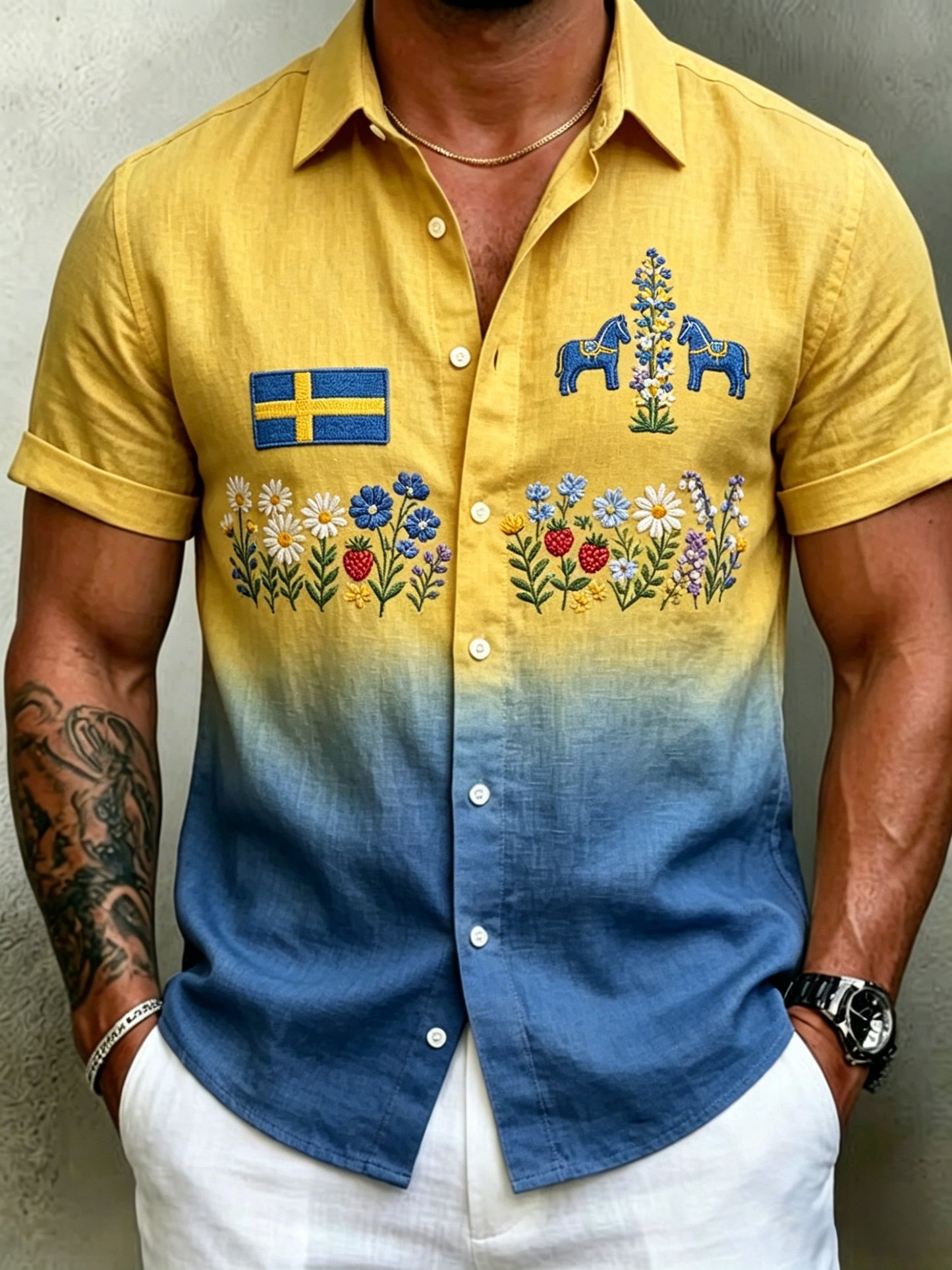 Men's Retro Swedish Midsummer Folk Floral Cotton-Linen Short-Sleeve Shirts