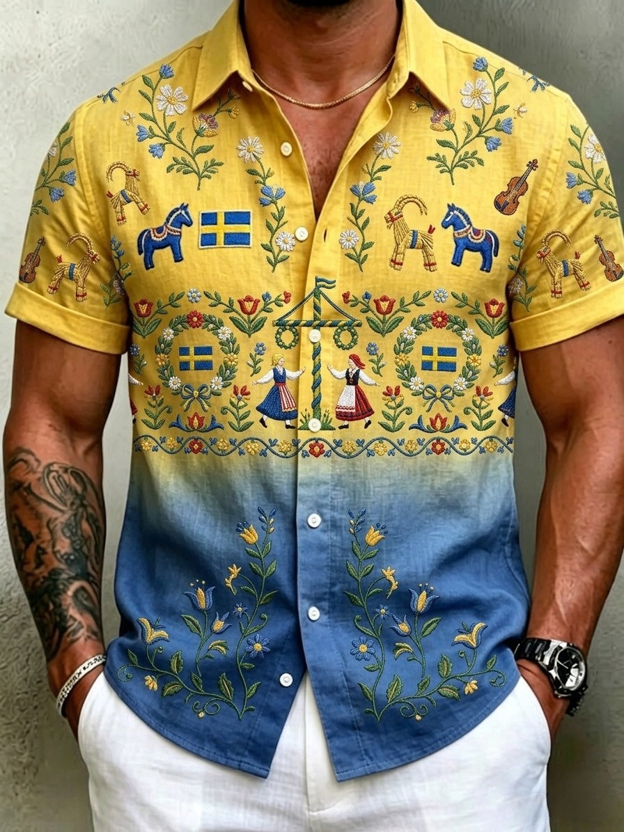Men's Retro Swedish Midsummer Folk Floral Cotton-Linen Short-Sleeve Shirts