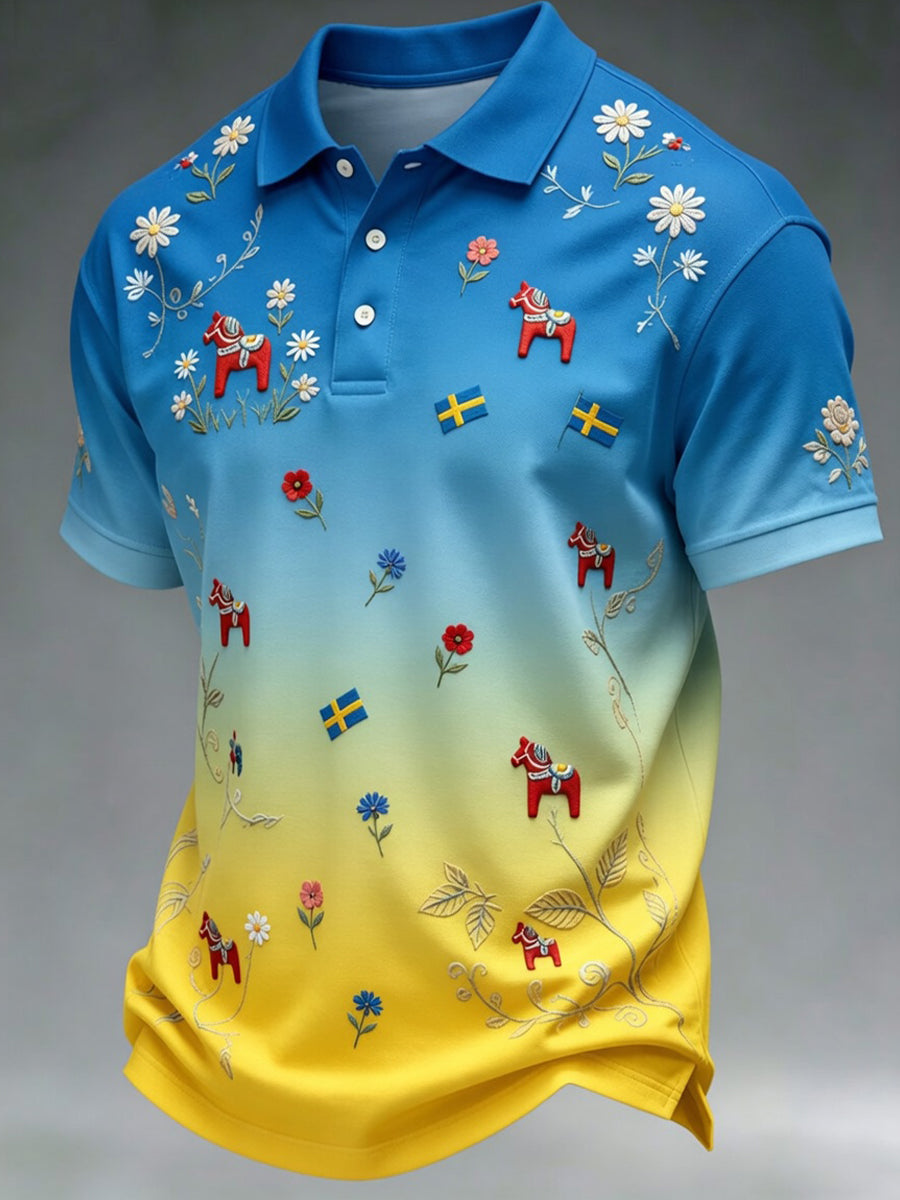 Retro Midsummer Festival Art Print Polo Shirt — Casual & Comfortable