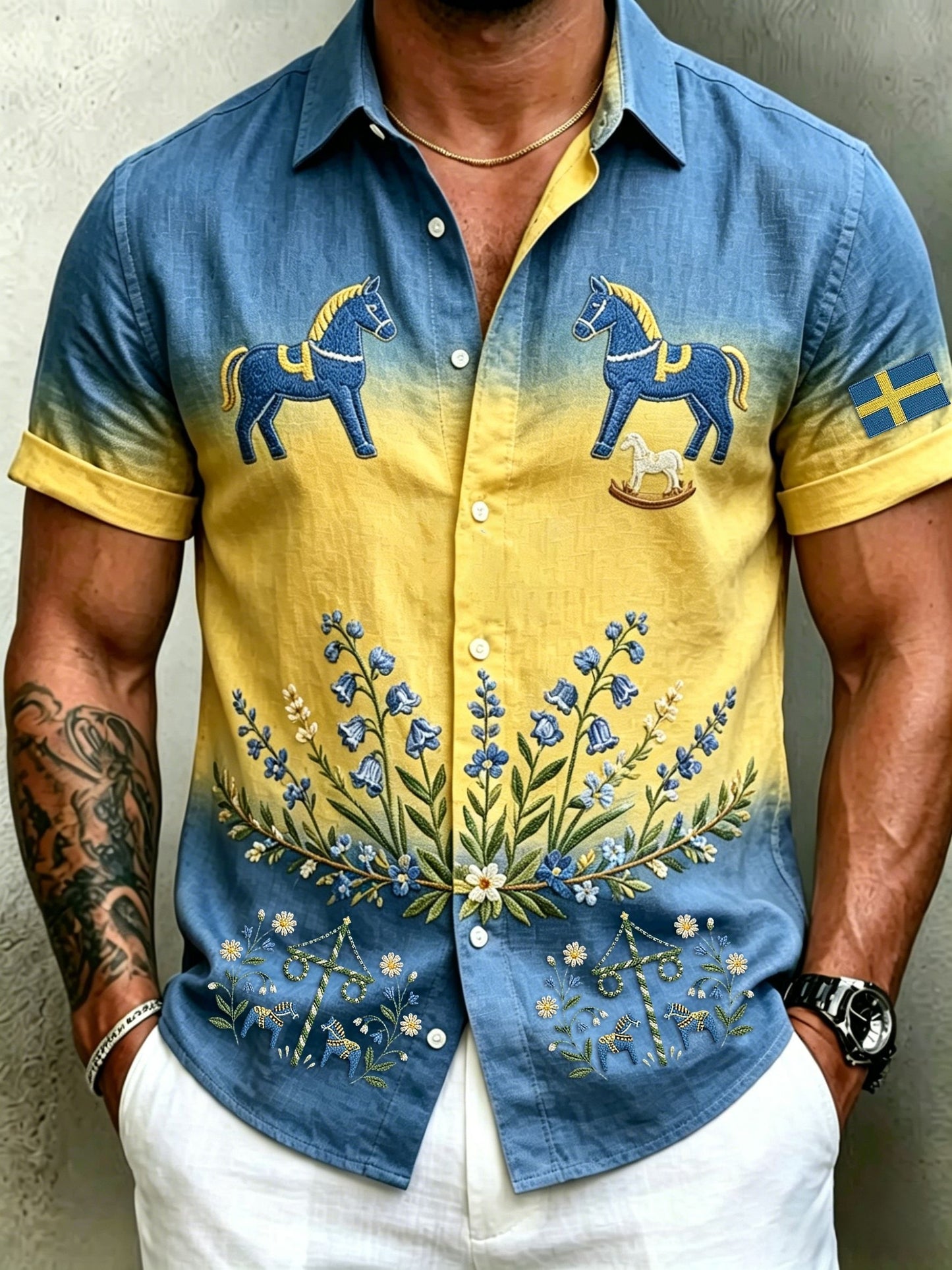 Men's Retro Swedish Midsummer Folk Floral Cotton-Linen Short-Sleeve Shirts