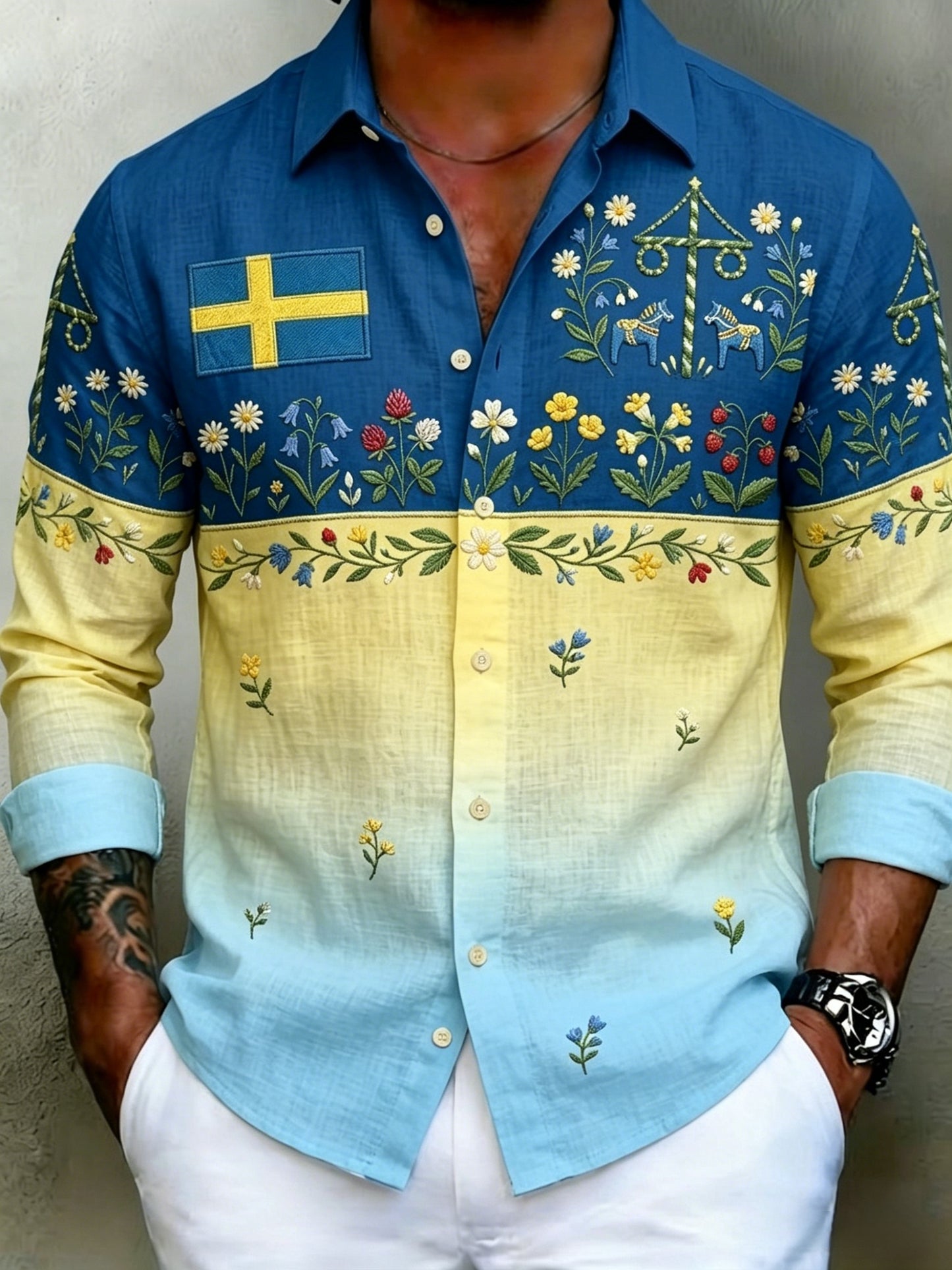 Men's Retro Swedish Midsummer Folk Floral Cotton-Linen Long-Sleeve Shirt
