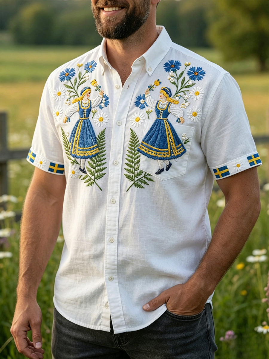 Retro Midsummer Festival Art Print Casual Shirt