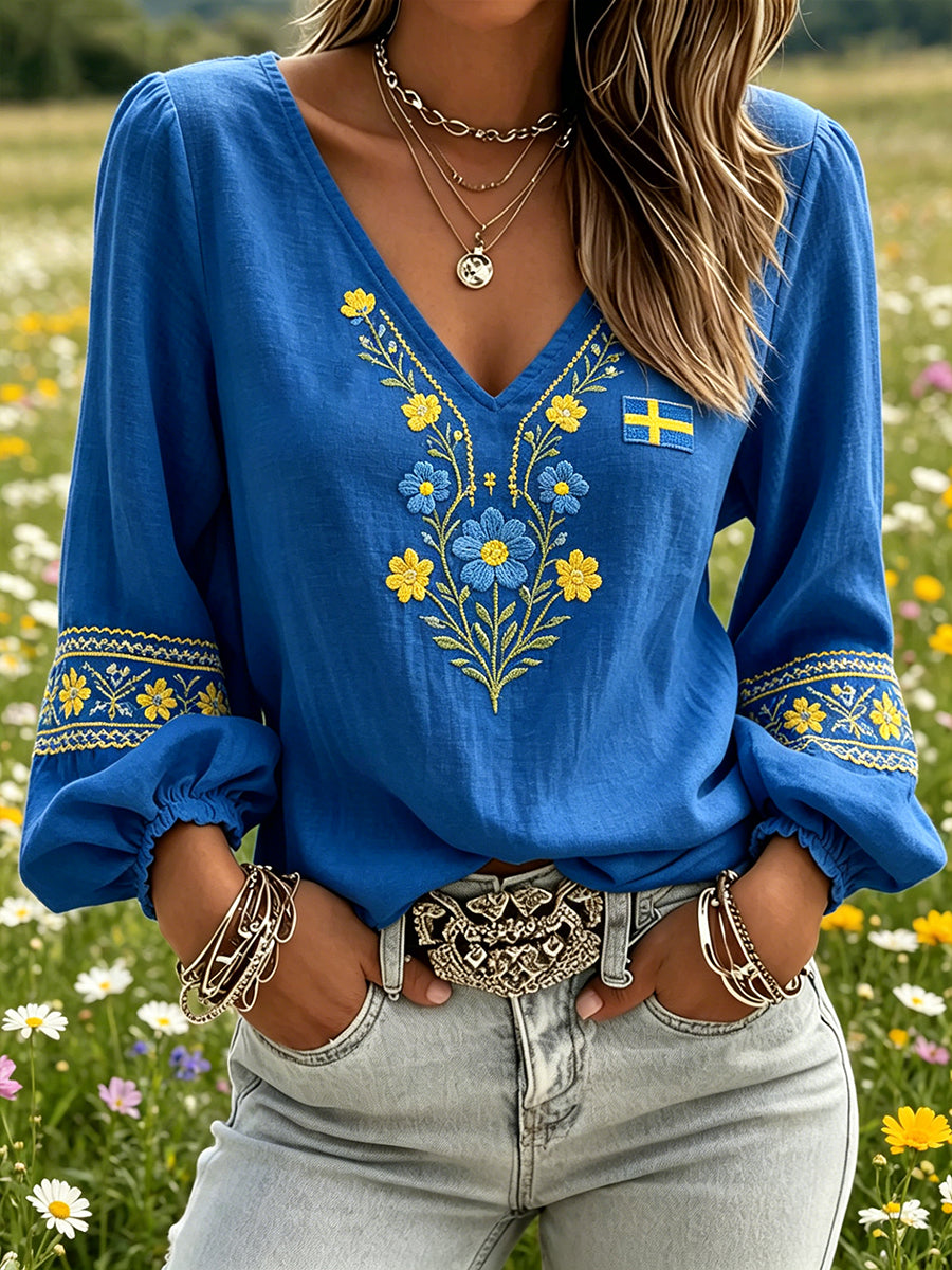 Women's Midsummer-Themed Floral Print V-Neck Puff-Sleeve Top