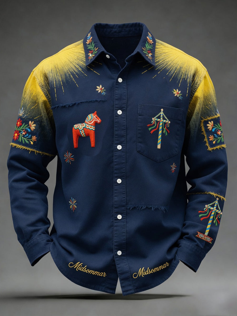 Retro Midsummer Festival Art Print Casual Shirt