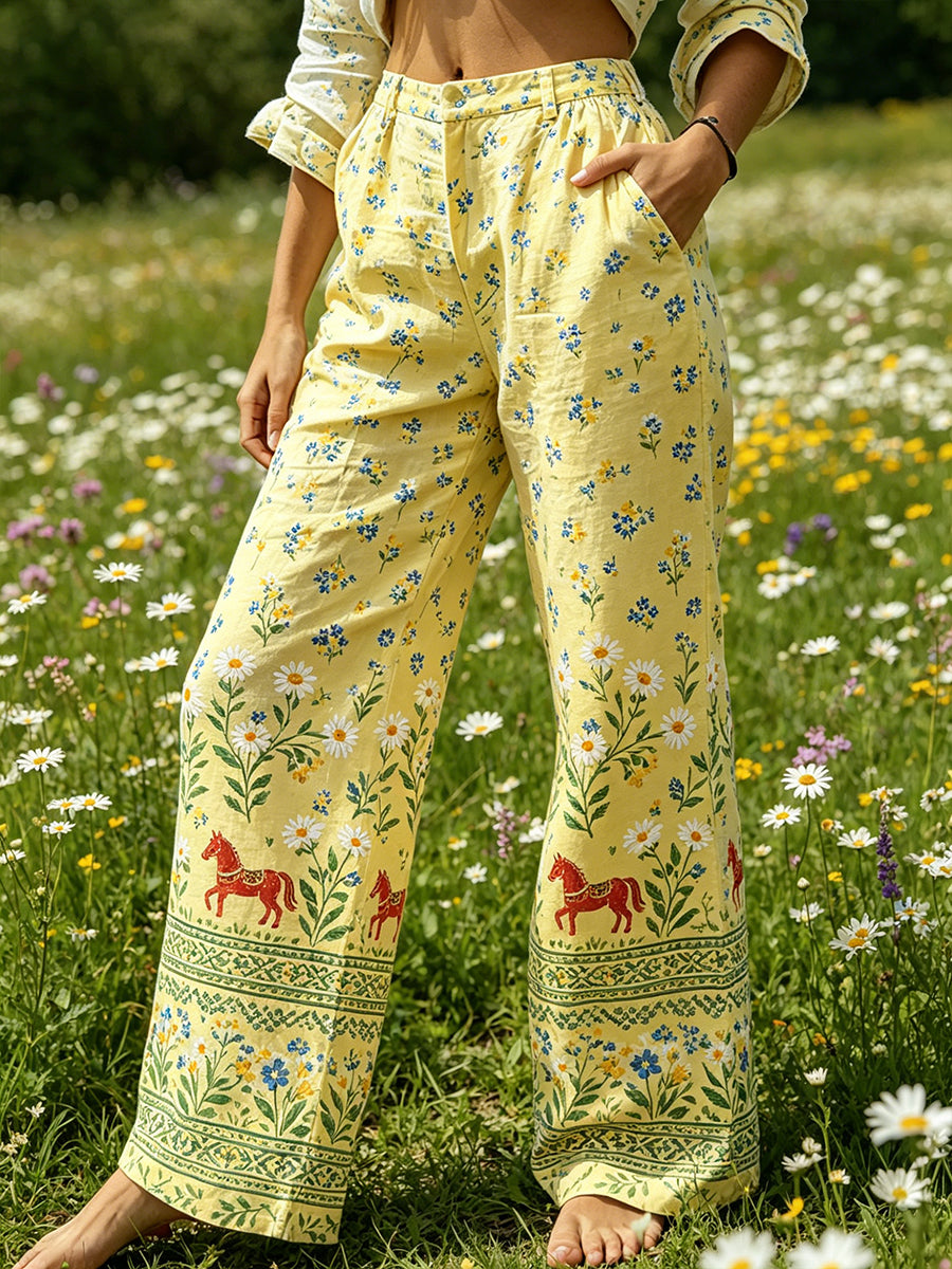 Women's Midsummer-Themed Floral Print Casual Trousers