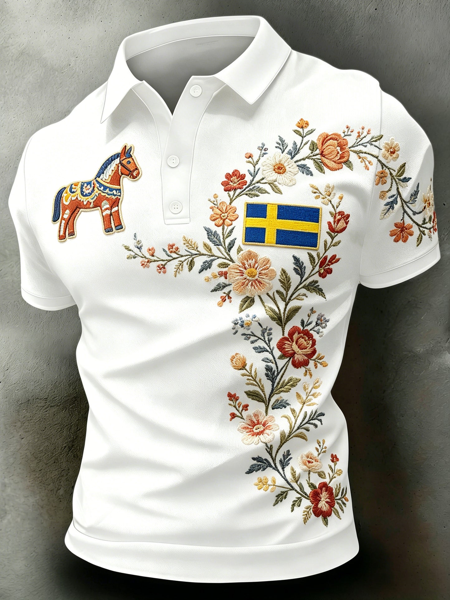 Men's Swedish Midsummer Festival Commemorative Art-Print Short-Sleeve Polo Shirt