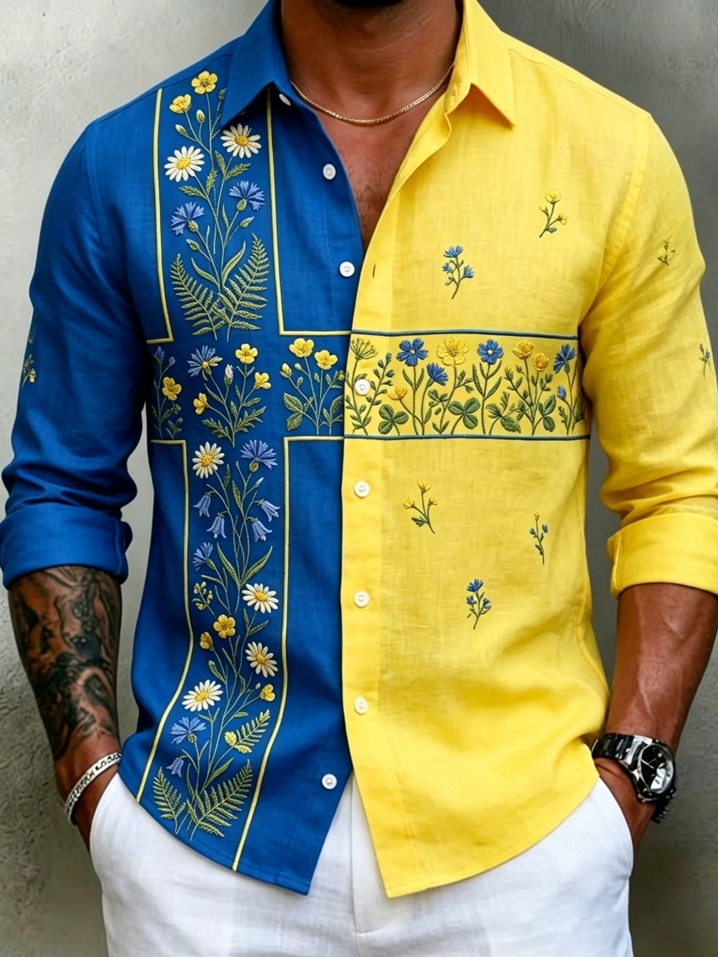 Men's Retro Swedish Midsummer Folk Floral Cotton-Linen Long-Sleeve Shirt
