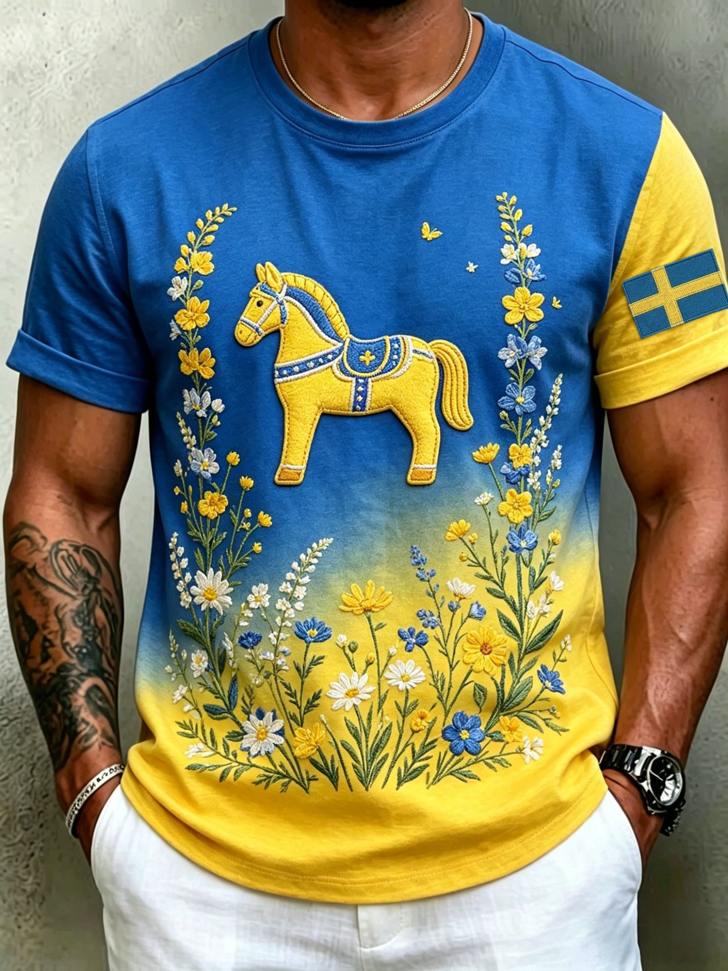 Men's Retro Swedish Midsummer Folk Floral Short-Sleeve T-Shirt