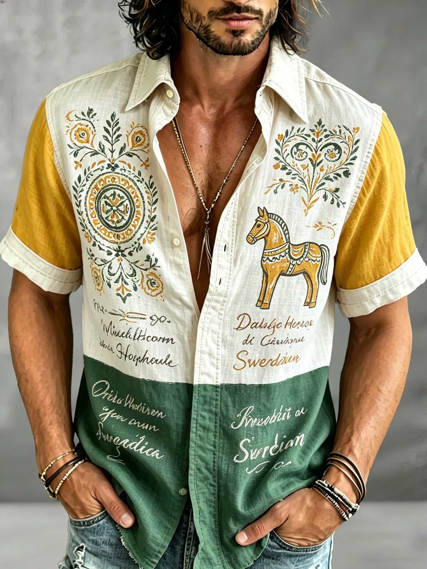 Men's Swedish National Day Commemorative Short-Sleeve Shirt With Artistic Print