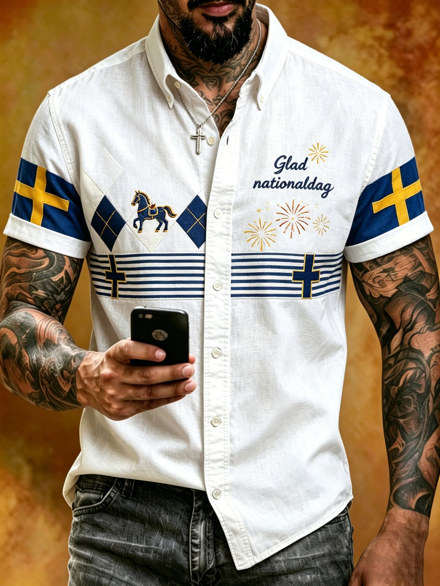 Men's Swedish National Day Commemorative Short-Sleeve Shirt With Artistic Print