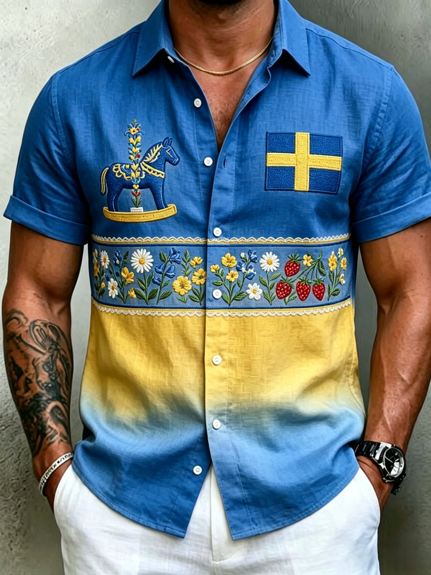 Men's Retro Swedish Midsummer Folk Floral Cotton-Linen Short-Sleeve Shirts