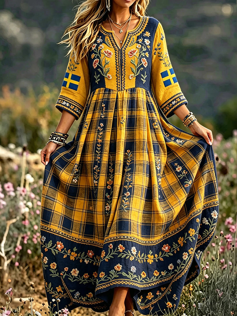 Women's Sweden Fork Art Floral Printed Linen Dresses