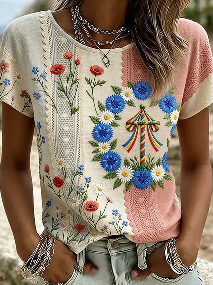 Retro Midsummer Festival Art Print Casual T-Shirt
