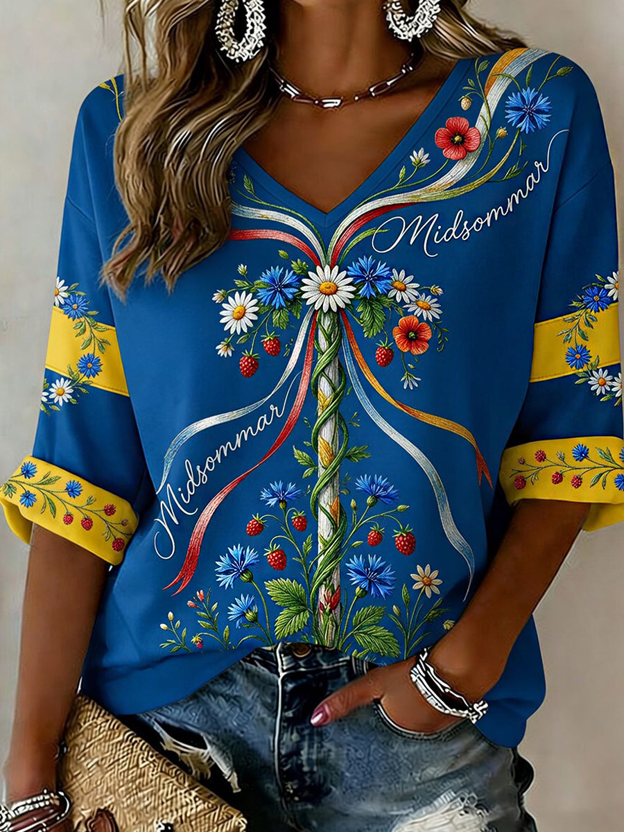 Retro Midsummer Festival Art Print Casual Top