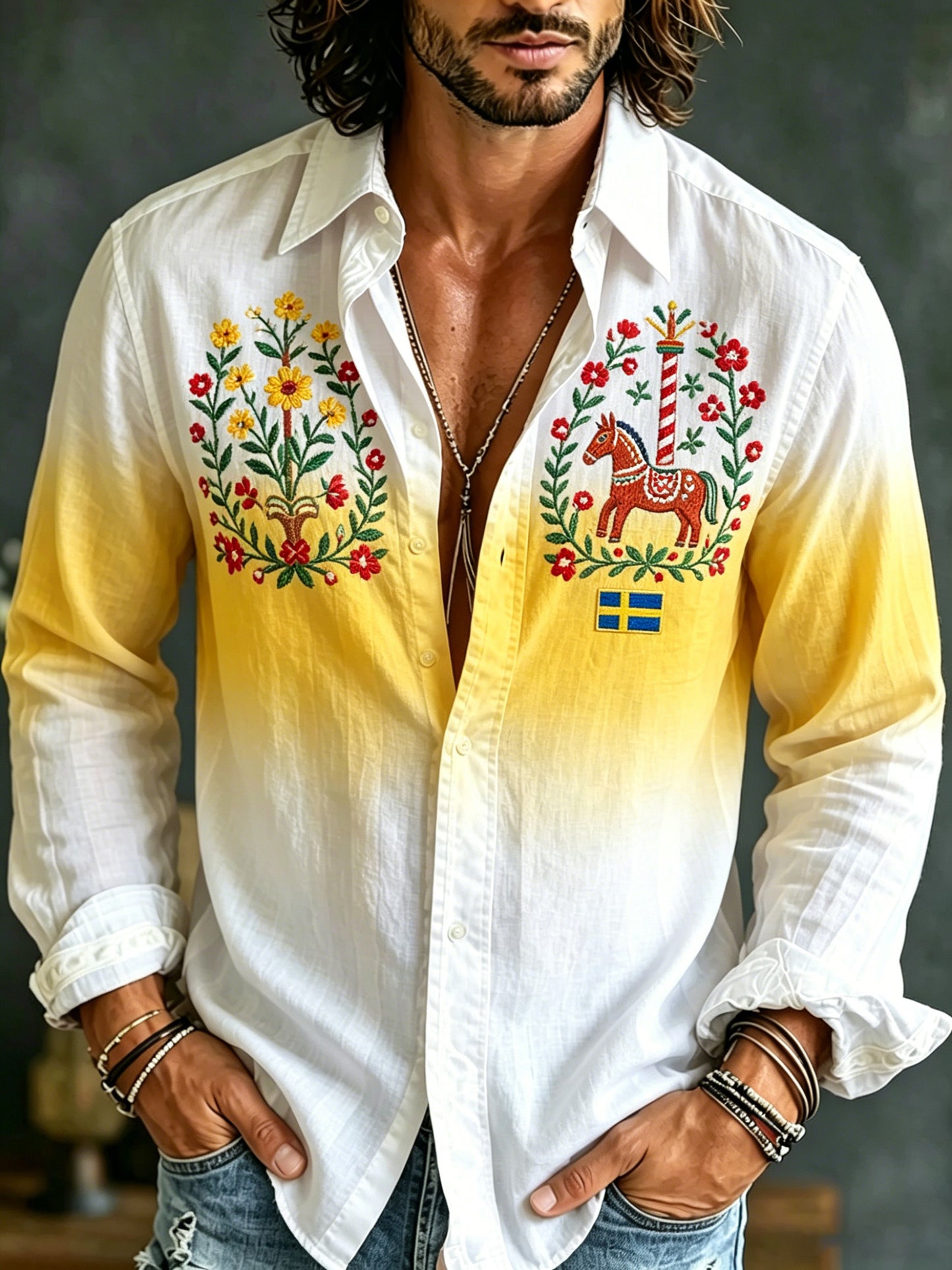 Men's Swedish Midsummer Festival Commemorative Art Print Long-Sleeve Shirt