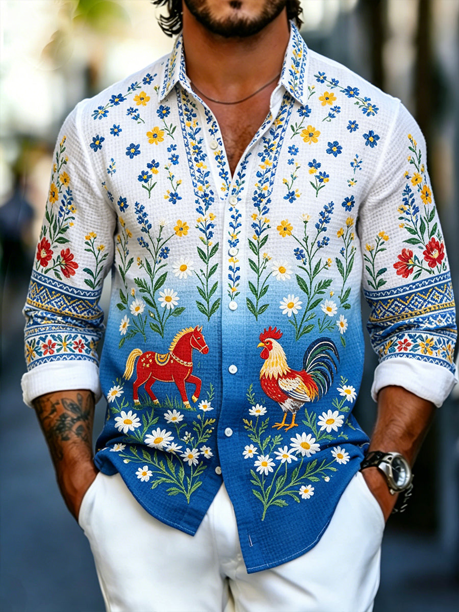 Men's Midsummer Floral Print Waffle-Knit Long-Sleeve Shirt