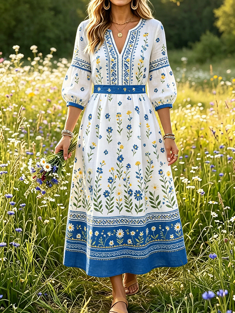 Women’s Swedish Midsummer Dala Horse Print Casual Fashion Cotton-Linen V-Neck Dress