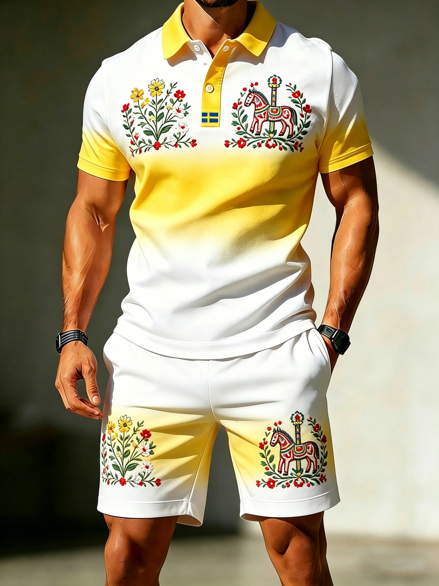 Men's Swedish Midsummer Festival Commemorative Art Print Polo Set