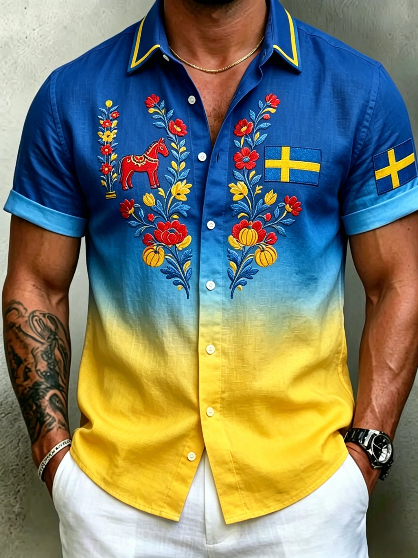Men's Retro Swedish Midsummer Folk Floral Cotton-Linen Short-Sleeve Shirts