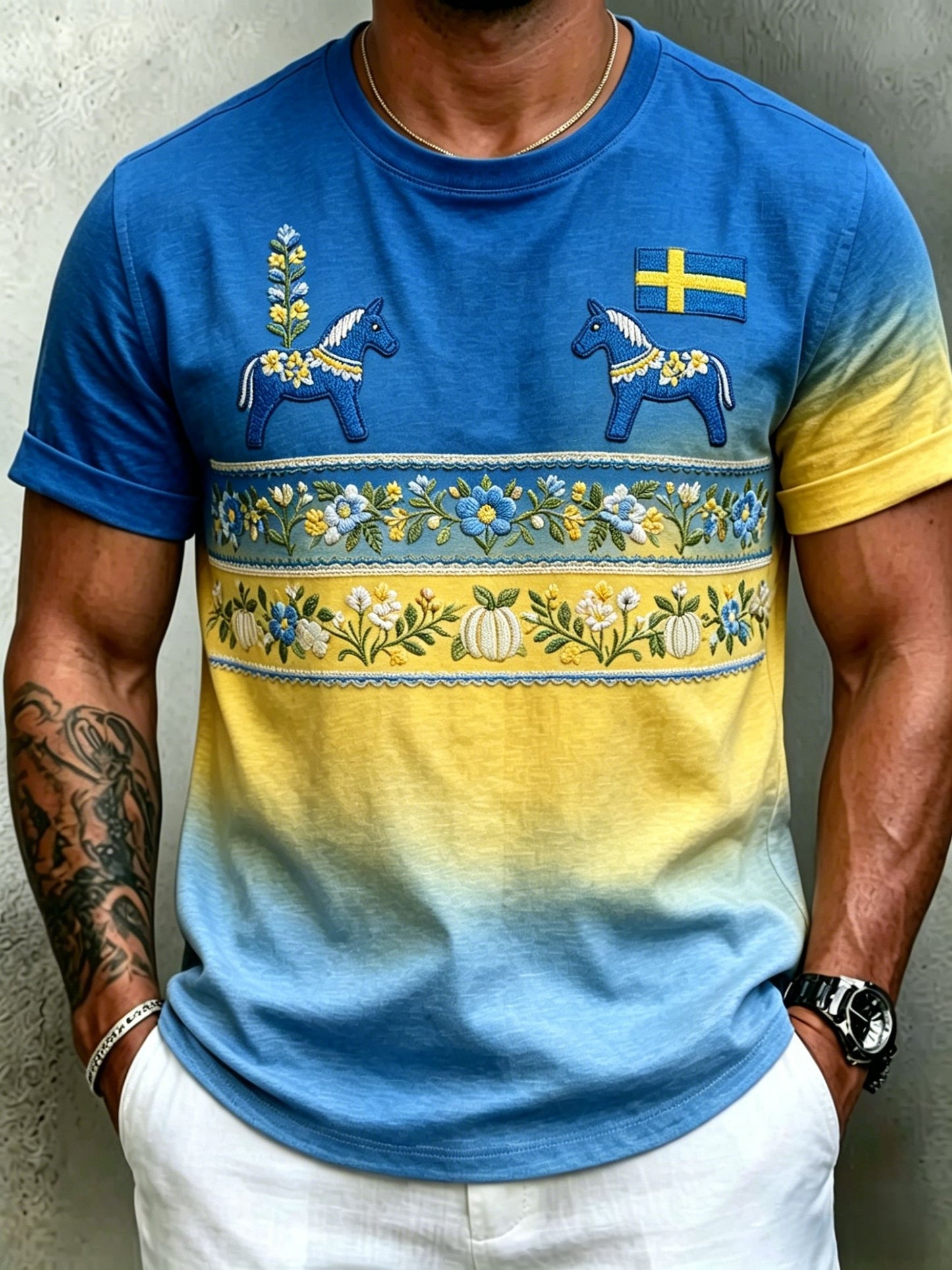 Men's Retro Swedish Midsummer Folk Floral Short-Sleeve T-Shirt