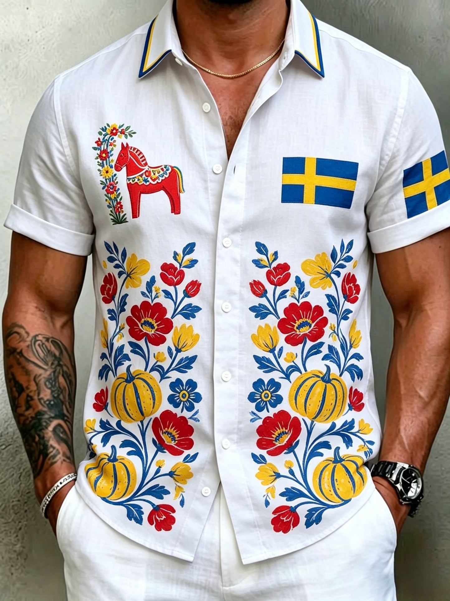 Men's Retro Swedish Midsummer Folk Floral Cotton-Linen Short-Sleeve Shirts
