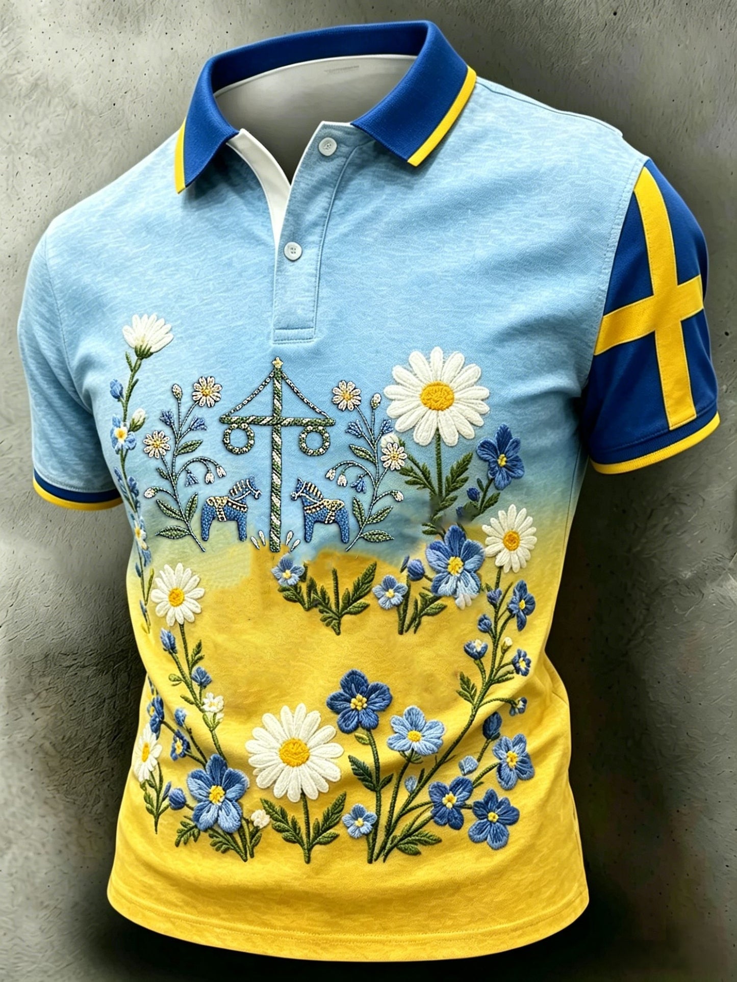 Men's Retro Swedish Midsummer Folk Floral Short-Sleeve Polo Shirt