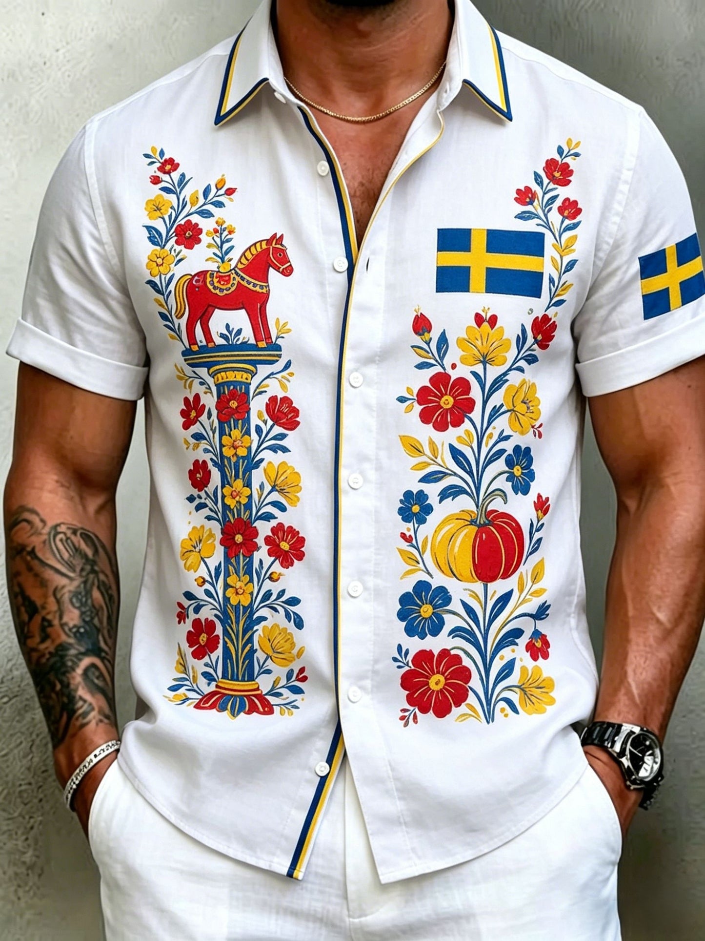 Men's Retro Swedish Midsummer Folk Floral Cotton-Linen Short-Sleeve Shirts