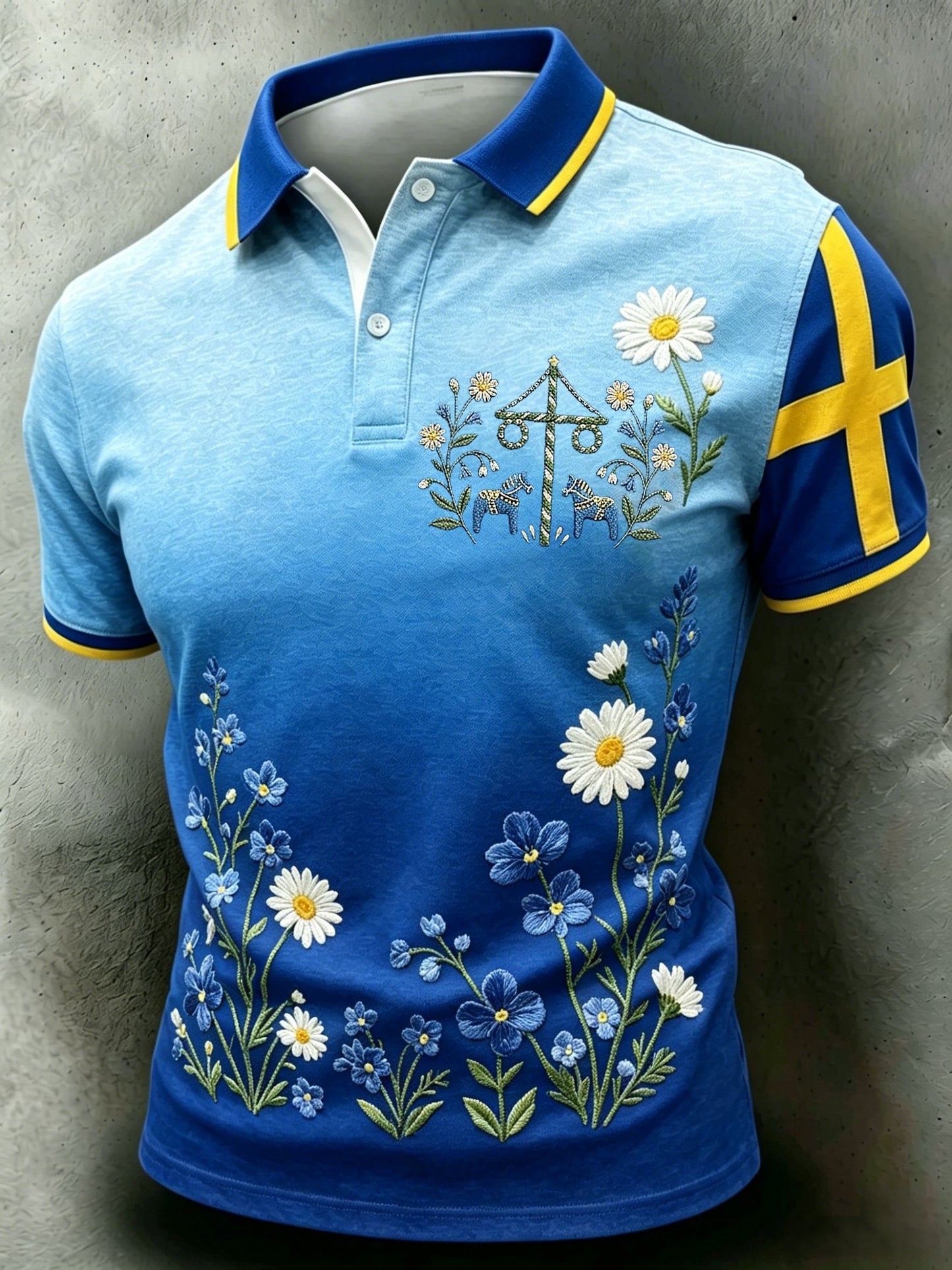 Men's Retro Swedish Midsummer Folk Floral Short-Sleeve Polo Shirt