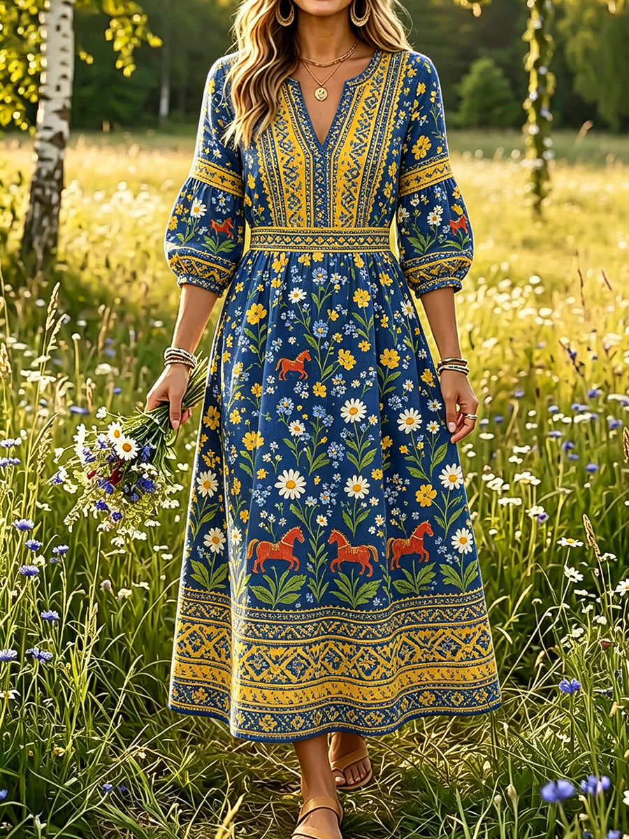 Women’s Swedish Midsummer Dala Horse Print Casual Fashion Cotton-Linen V-Neck Dress